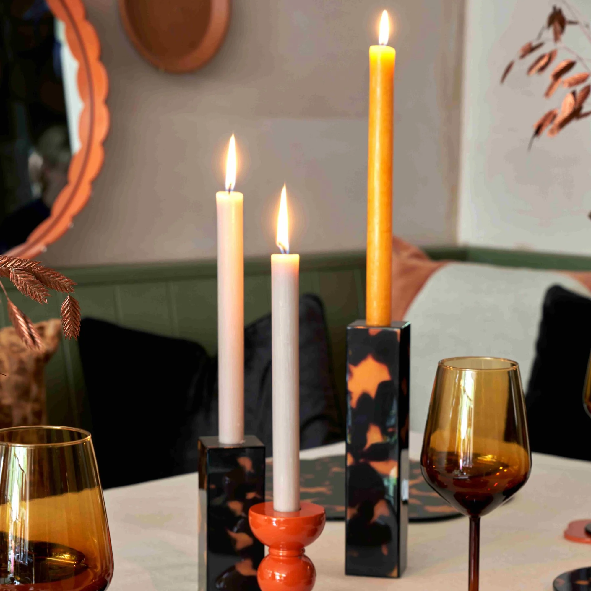 Faux Tortoiseshell Lacquer Tall Candlestick - 24cm - Image 2