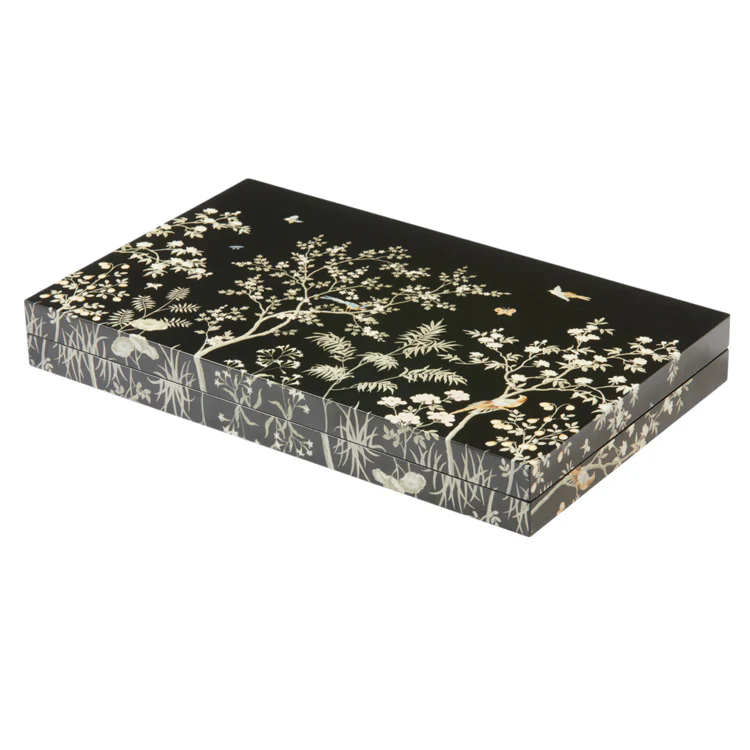Black Chinoiserie Lacquer Backgammon Set - Image 2